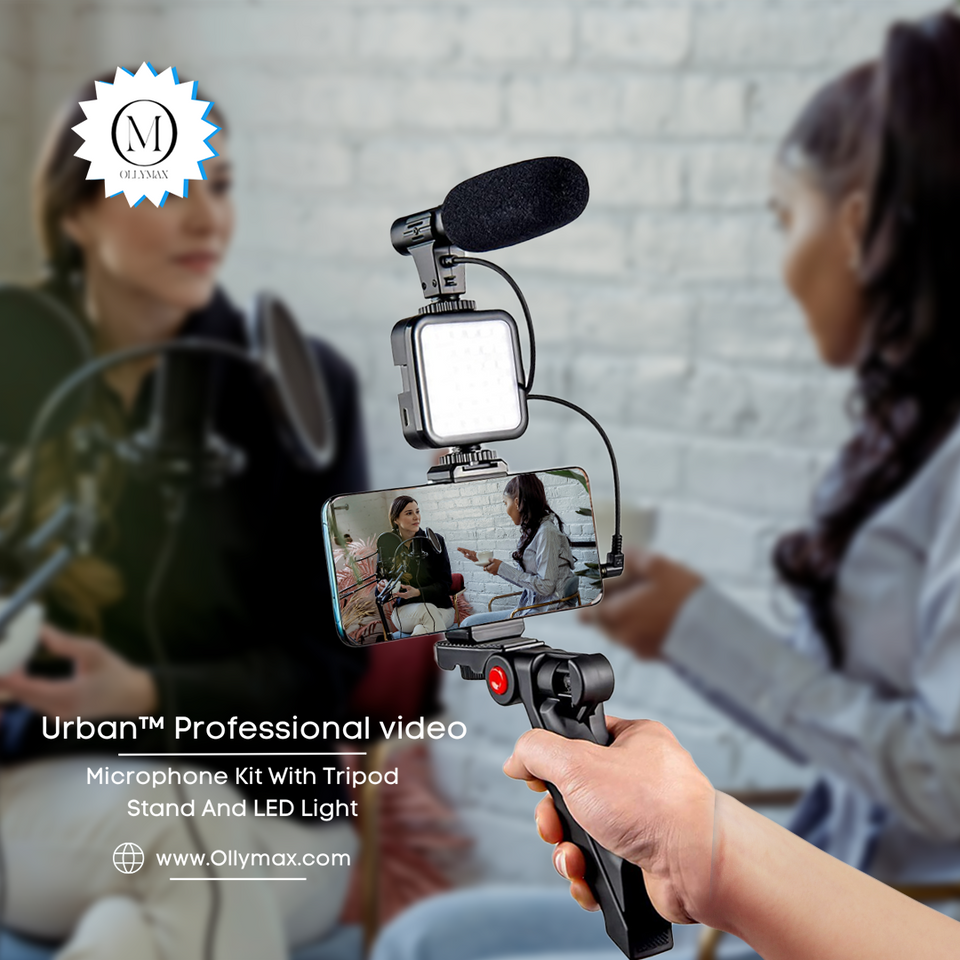 Kit de micrófono de vídeo Urban Professional con trípode, luz LED y micrófono