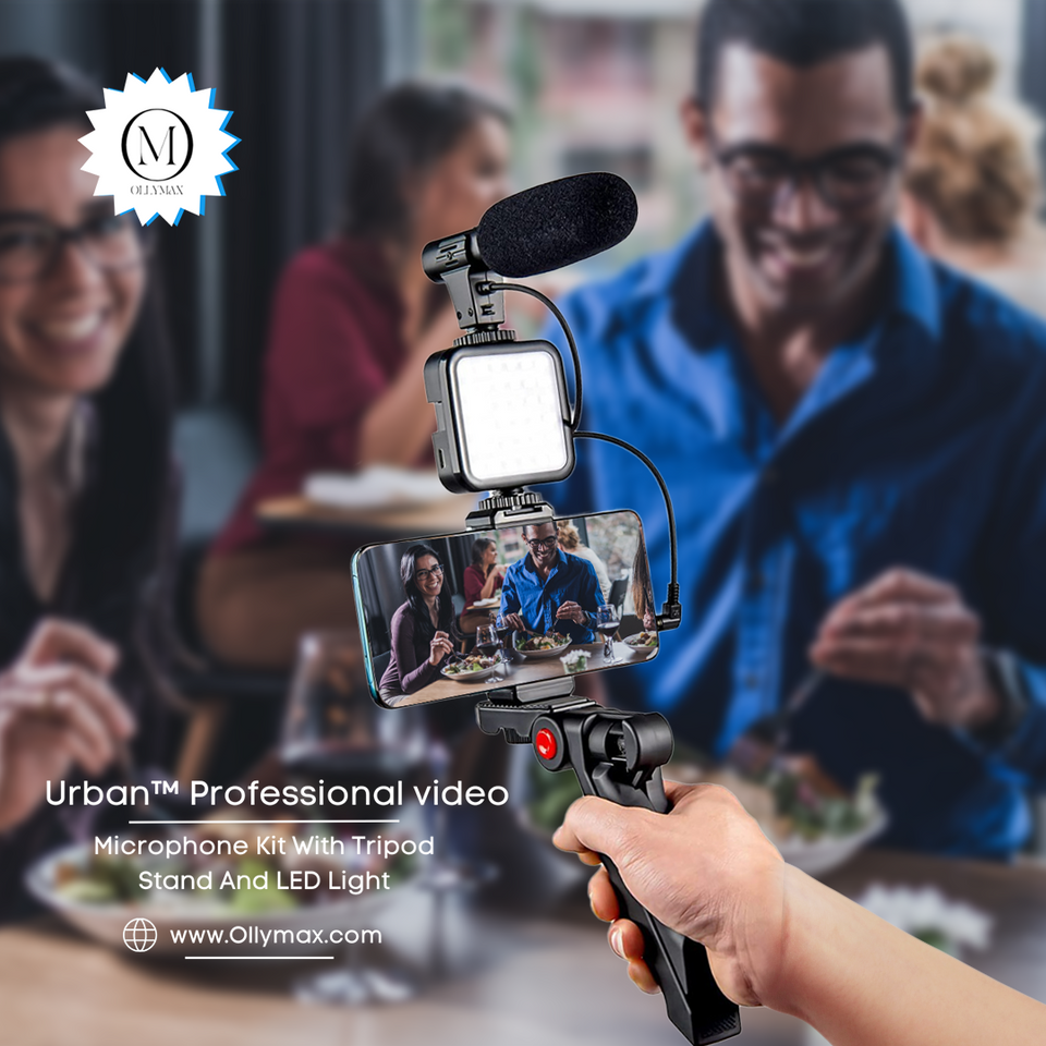 Kit de micrófono de vídeo Urban Professional con trípode, luz LED y micrófono